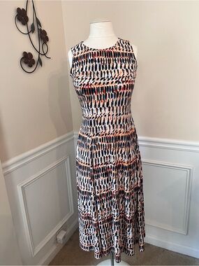 Sleeveless Printed Midi Dress in Navy & Coral